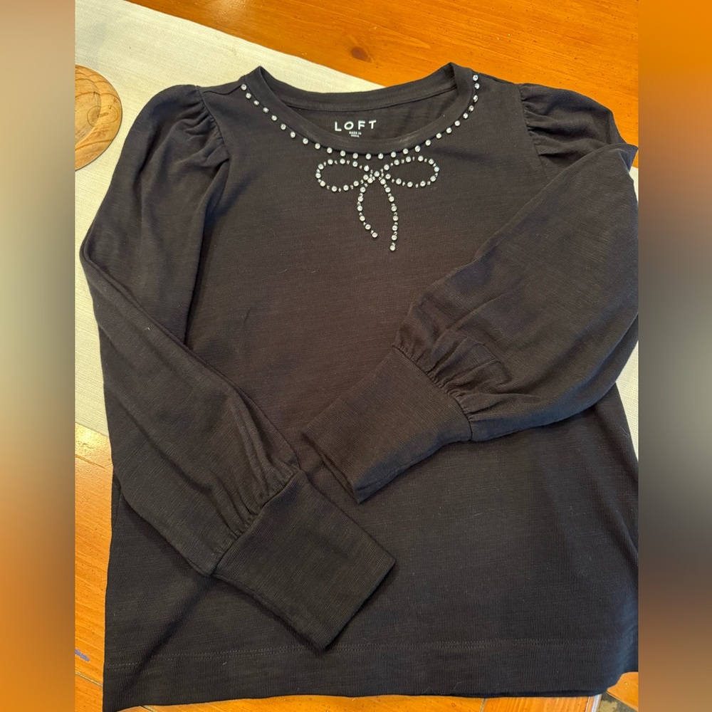 NWT LOFT Black Long Sleeve Top with Stone “Bow” Embellishments, Sz. Large